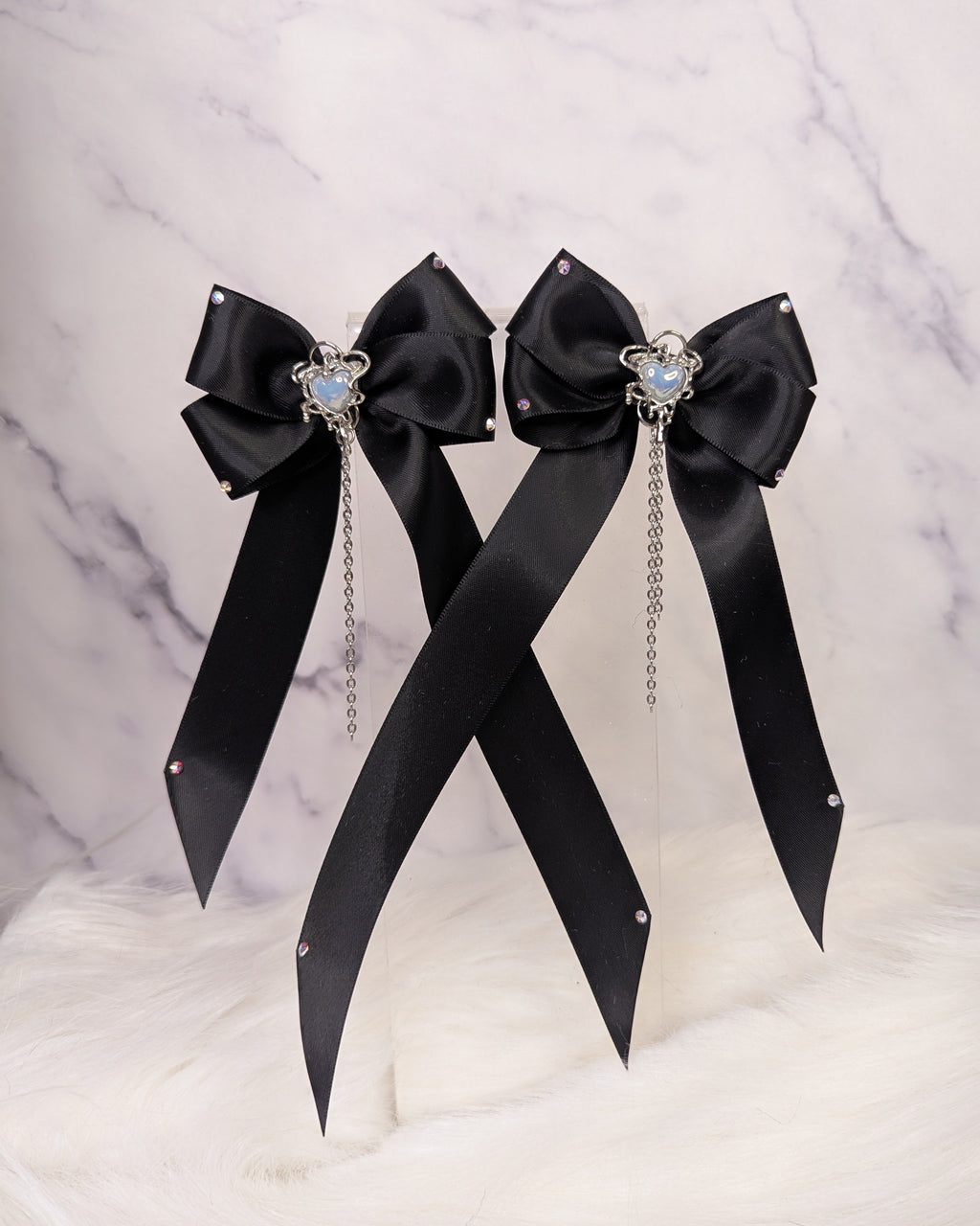 Chrome Pearlescent Black Twin Tail Bows (Preorder)