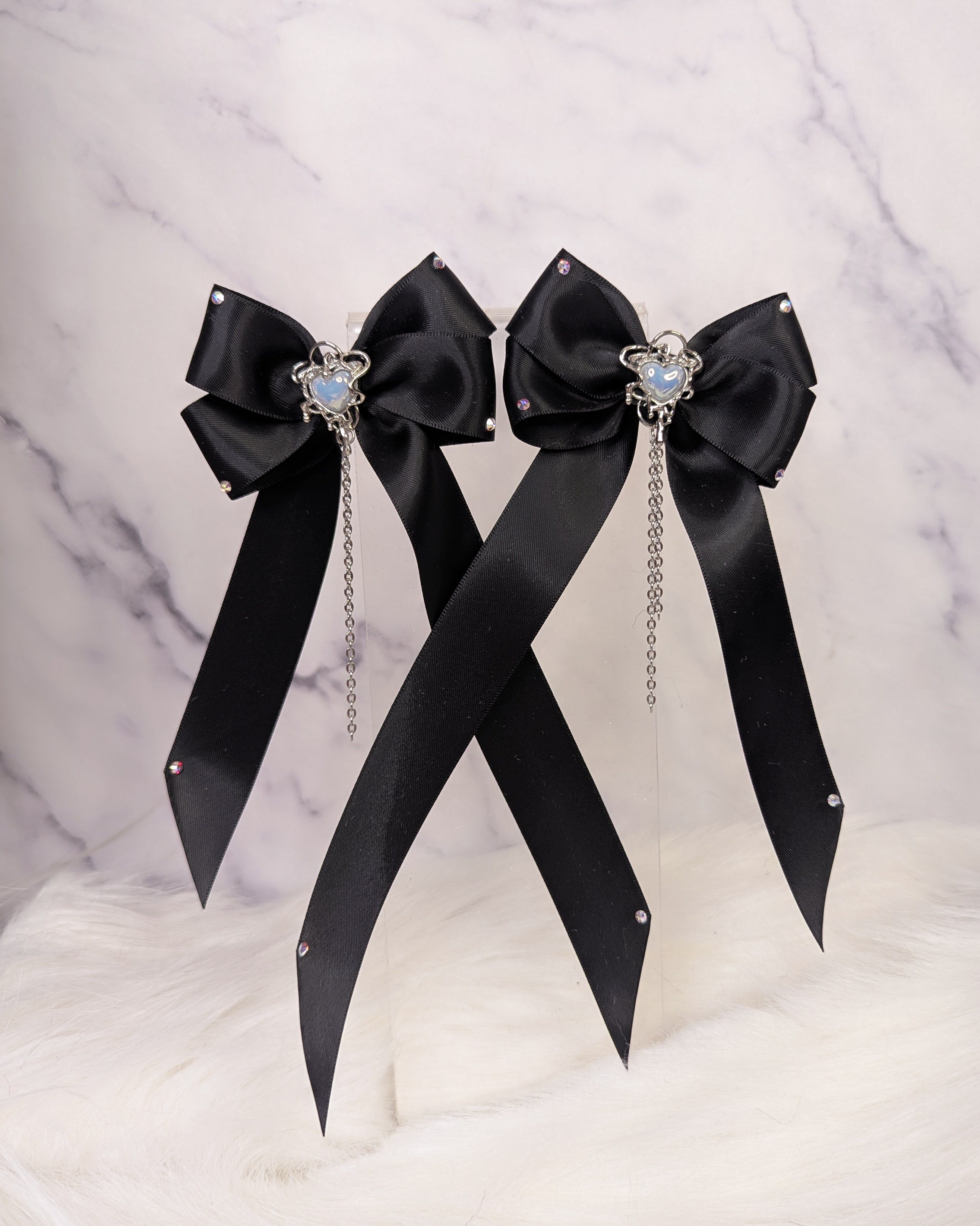Chrome Pearlescent Black Twin Tail Bows (Preorder)