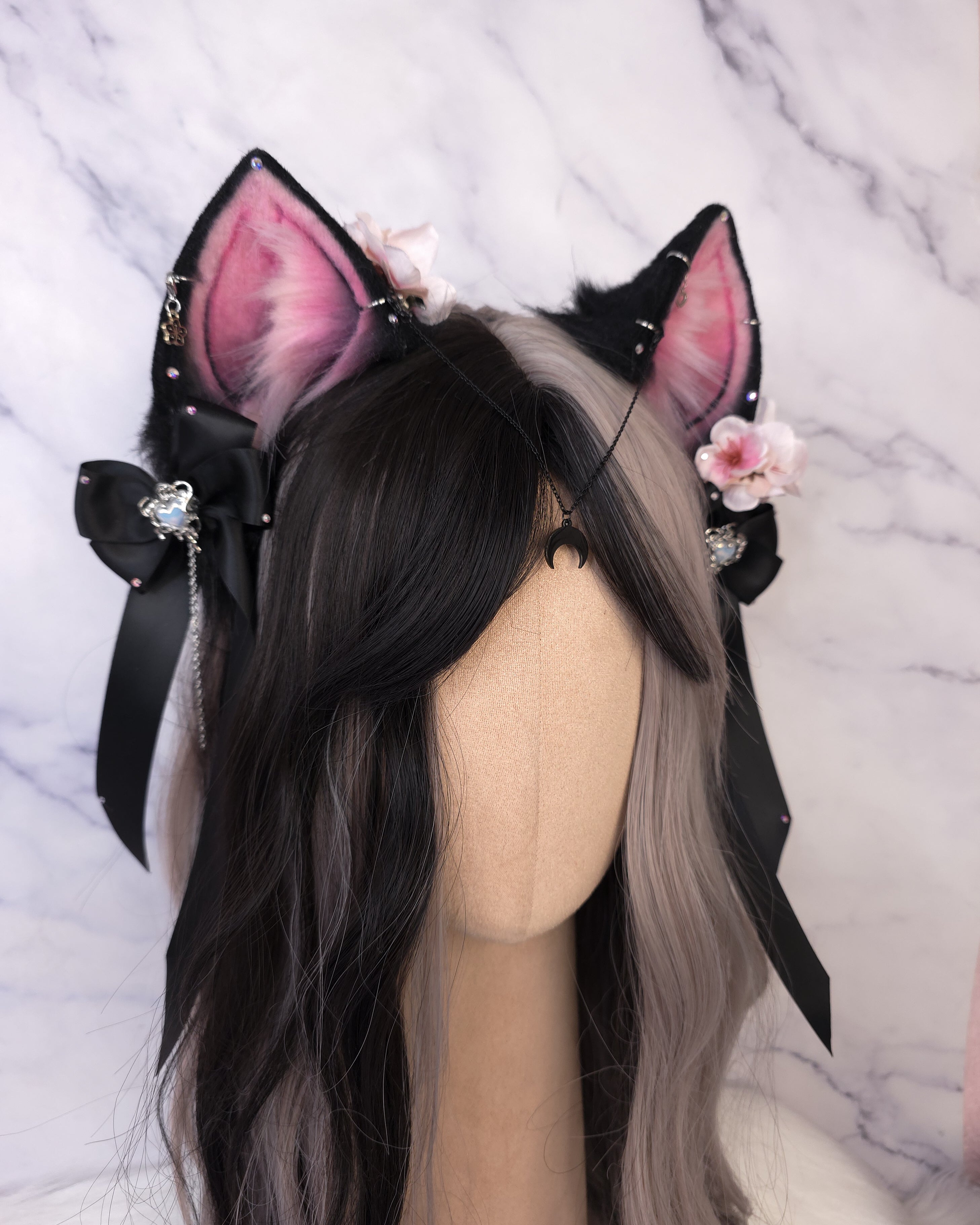 Chrome Pearlescent Black Twin Tail Bows (Preorder)